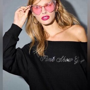 VS PINK Ivy Fleece Off The Shoulder Sweatshirt w/Diamanté Pink Show Girl size XL